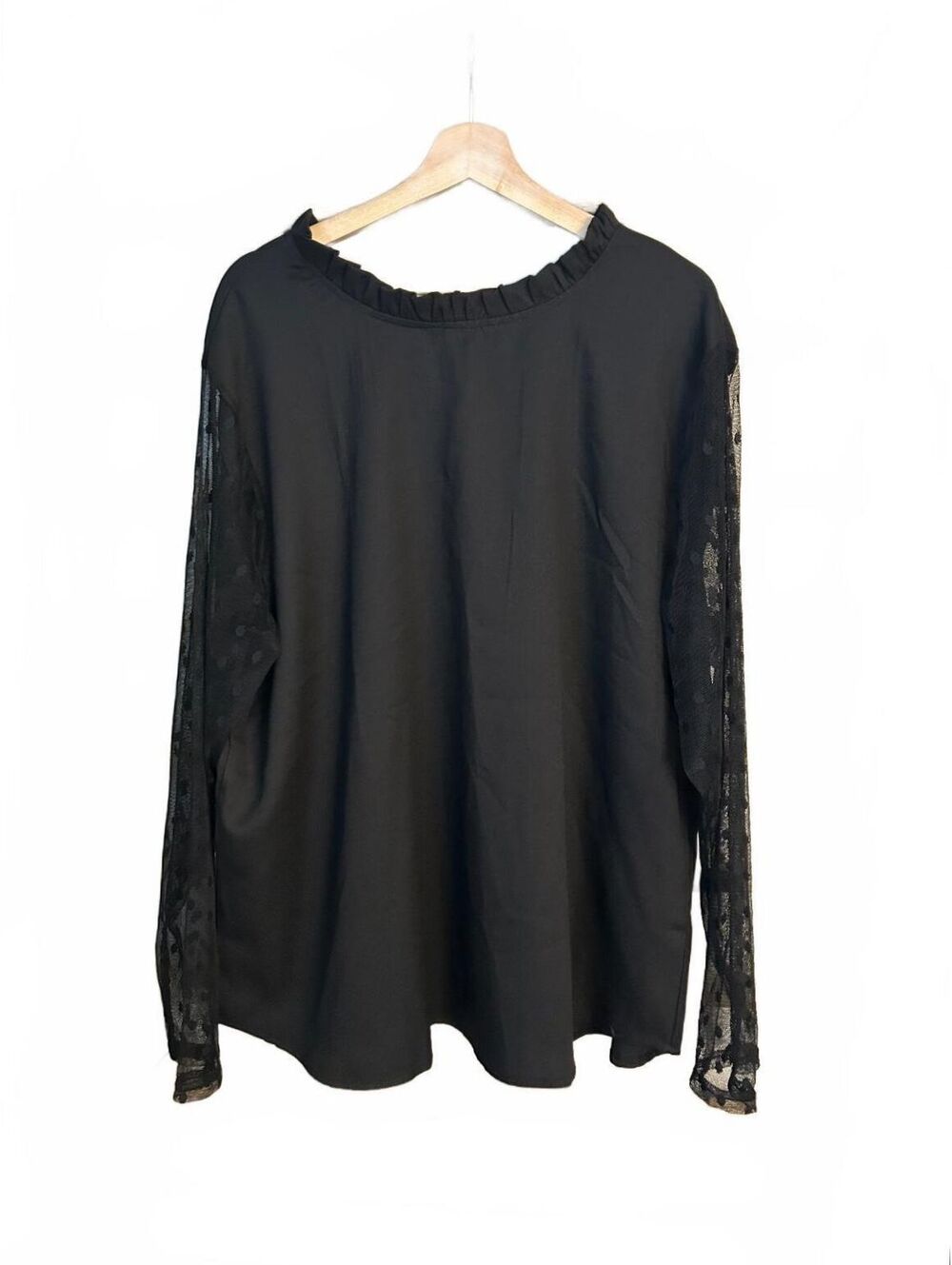 Black Long Sleeve Blouse with Sheer Polka Dot Sleeves and Ruffled Neckline 2XL